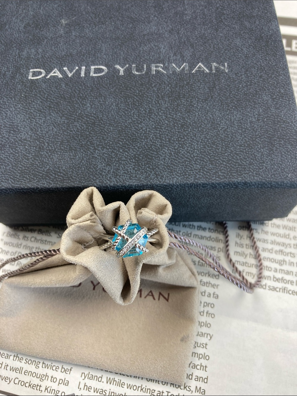 David Yurman Blue and Silver Topaz Ring with Diamond Accents